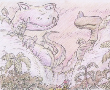 Concept art of the Lost Underworld, with a Chomposaur and a Wetnosaur towering over Ness and company.