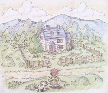 Concept art of Ness, accompanied by King, looking down at his house.