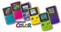 The Game Boy Color color variations from left to right: Teal, Berry, Atomic Purple, Dandelion, Kiwi, and Grape.}}