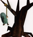 A Pigmask Solider being hung by his hands from a tree from EarthBound 64.